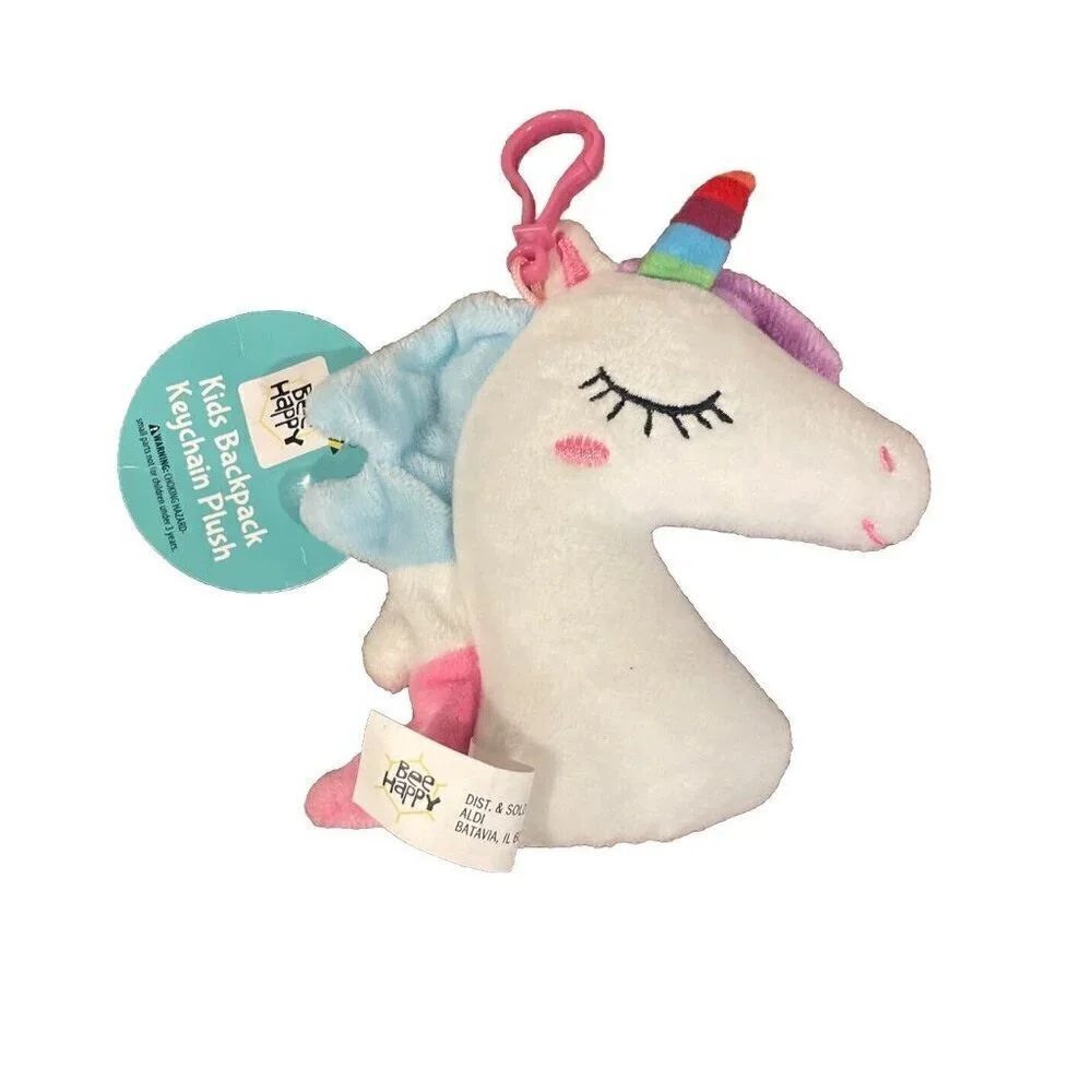 White Sleepy Unicorn Plush Backpack Clip Rainbow Horn & Mane Stuffed Animal